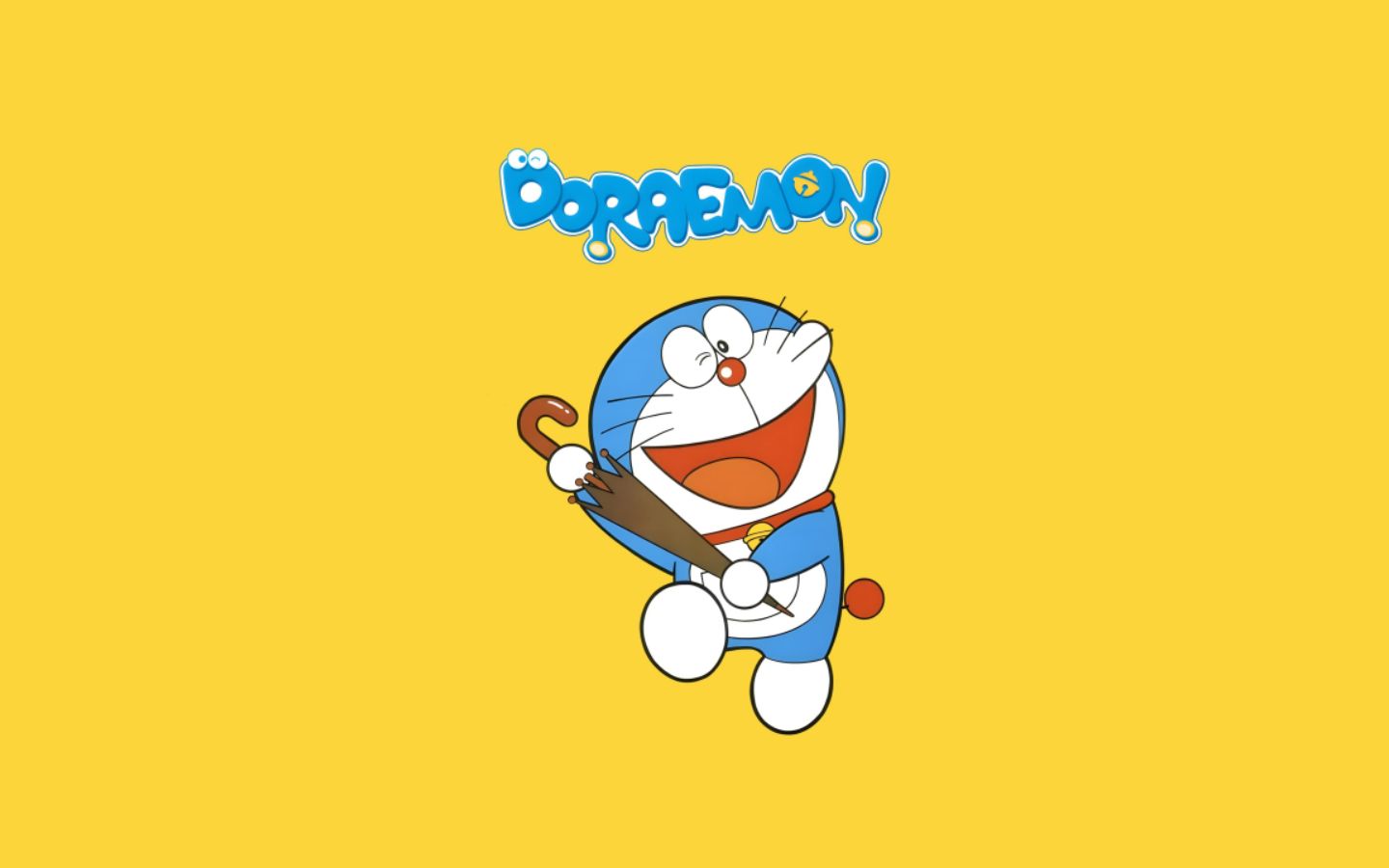 Doraemon năng động vẫy tay, trên nền vàng rực rỡ
