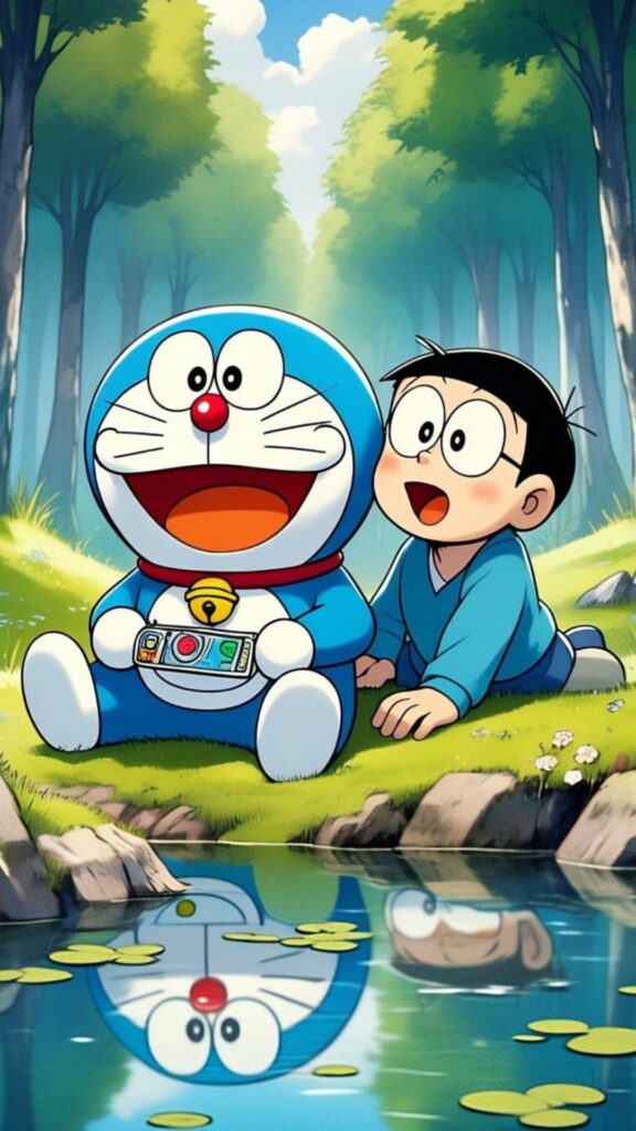 Doraemon và Nobita tâm sự bên hồ, thư giãn giữa thiên nhiên