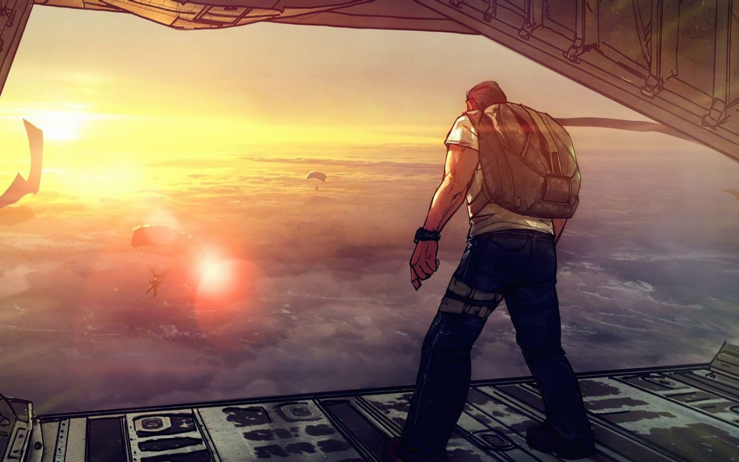 Hình nền Free Fire với khung cảnh bầu trời đỏ rực, chiến binh đang sẵn sàng vào trận