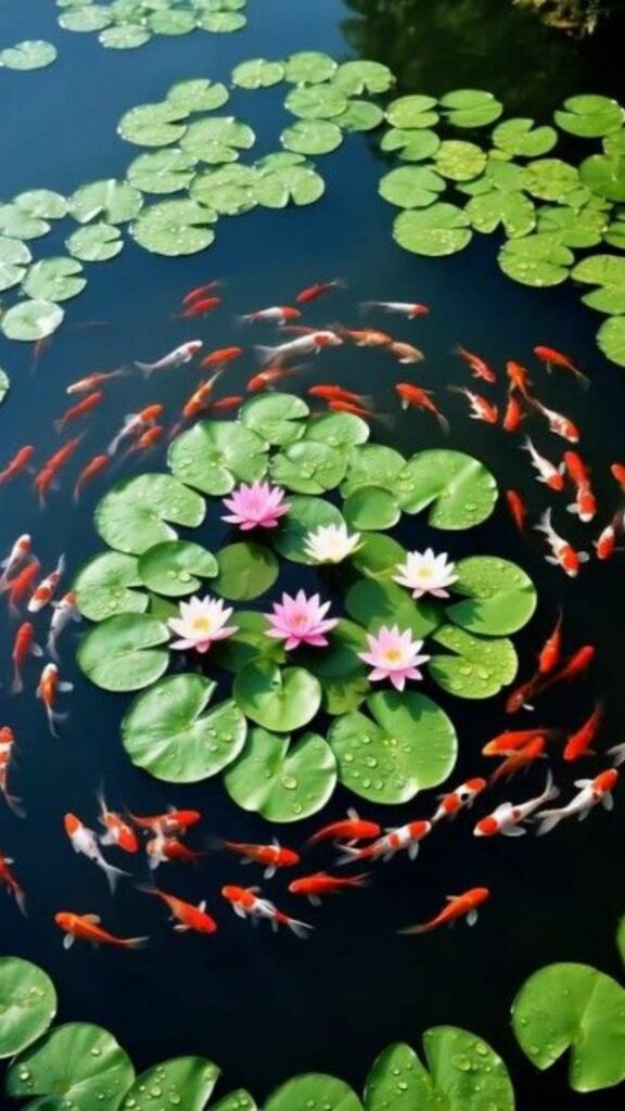 Đàn cá vây quanh đóa sen hồng