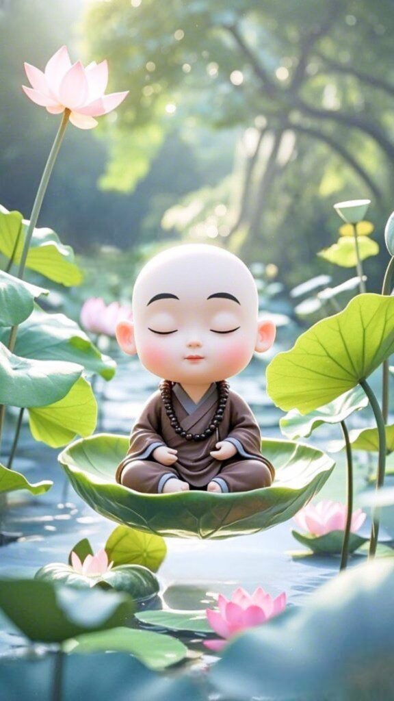 Chú tiểu ngồi thiền giữa sen