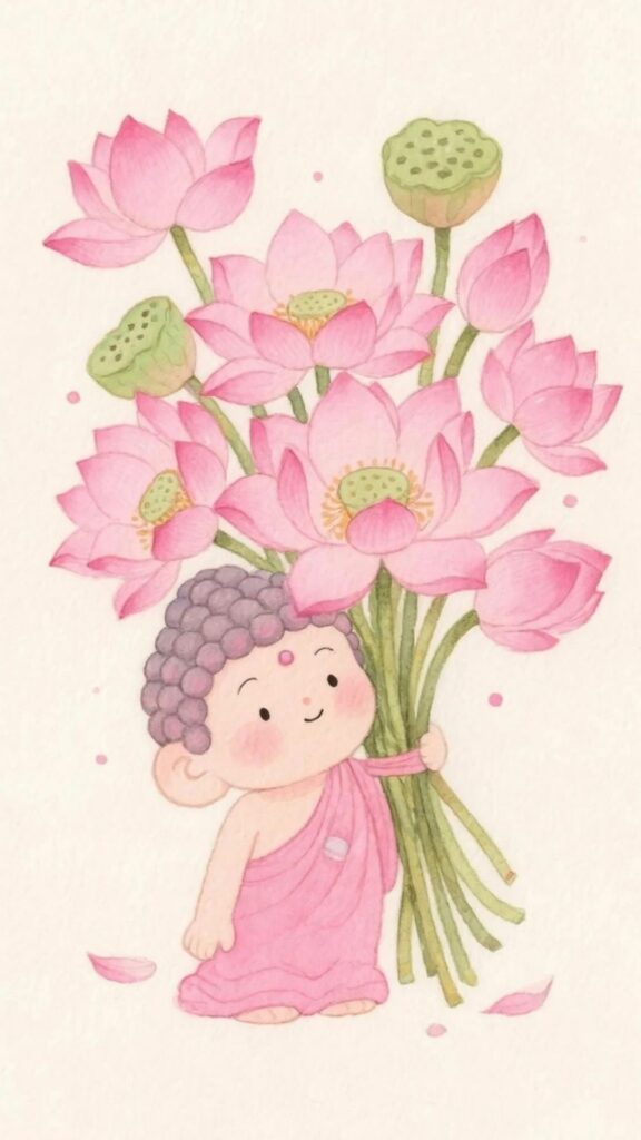 Chú tiểu ôm phúc, sen tươi thắm