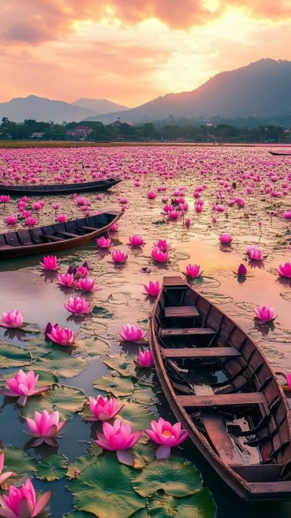 Thuyền trôi nhẹ giữa biển sen hồng