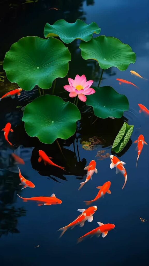 Đàn cá nhỏ bơi dưới lá sen