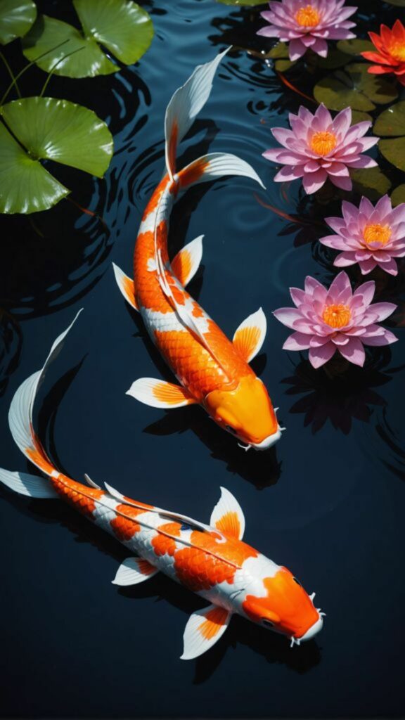 Cặp cá vàng, sen hồng tươi