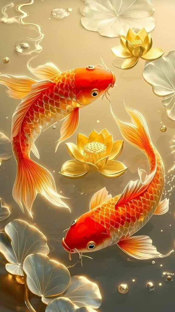 Cá bơi lượn quanh sen vàng kim