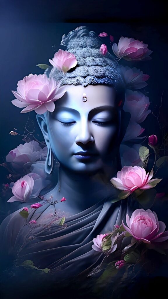 Tượng Phật trầm mặc bên hoa sen nở