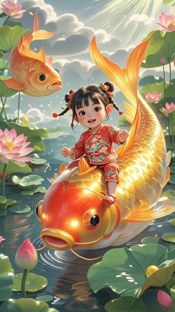 Bé gái cưỡi cá, vượt qua sen