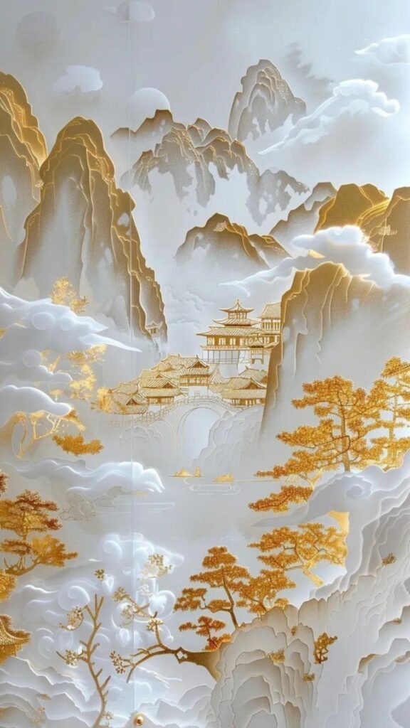 100+ Hình nền mệnh Kim may mắn, thu hút tài lộc cho nam, nữ 5 Núi non mây trắng dát vàng