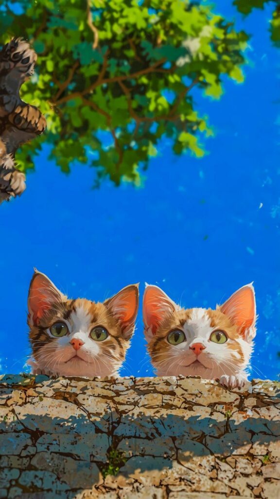 Đôi mèo dễ thương nhìn xuống từ tường