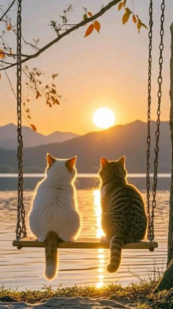 Hoàng hôn lãng mạn cùng đôi mèo tình tứ