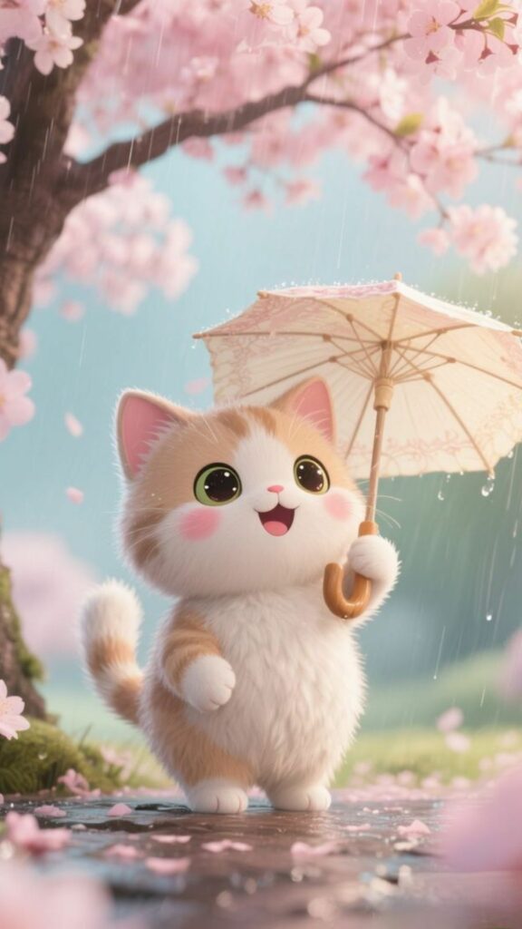 Mèo đội dù dưới hoa anh đào