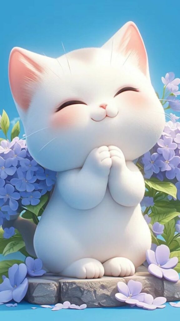 Mèo trắng đáng yêu trong hoa tím