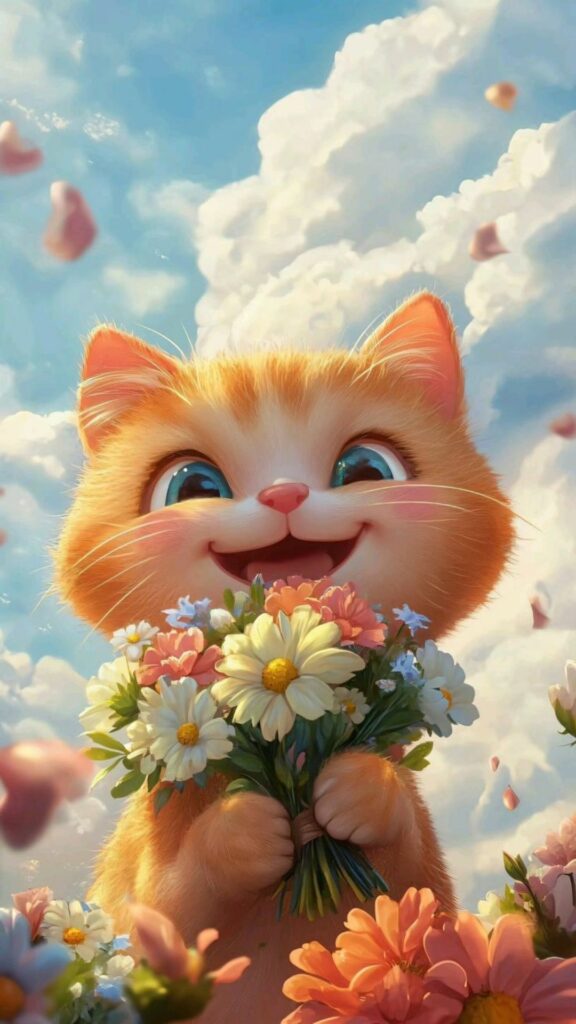 Mèo cam ôm bó hoa tươi tắn