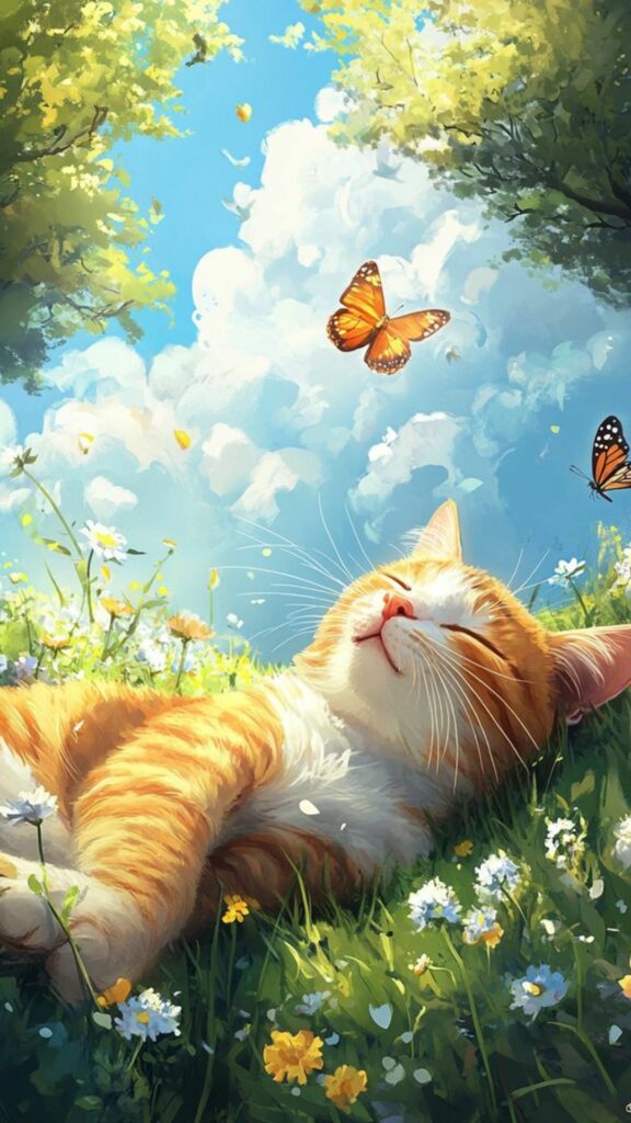 Mèo béo phơi nắng có bướm bay qua