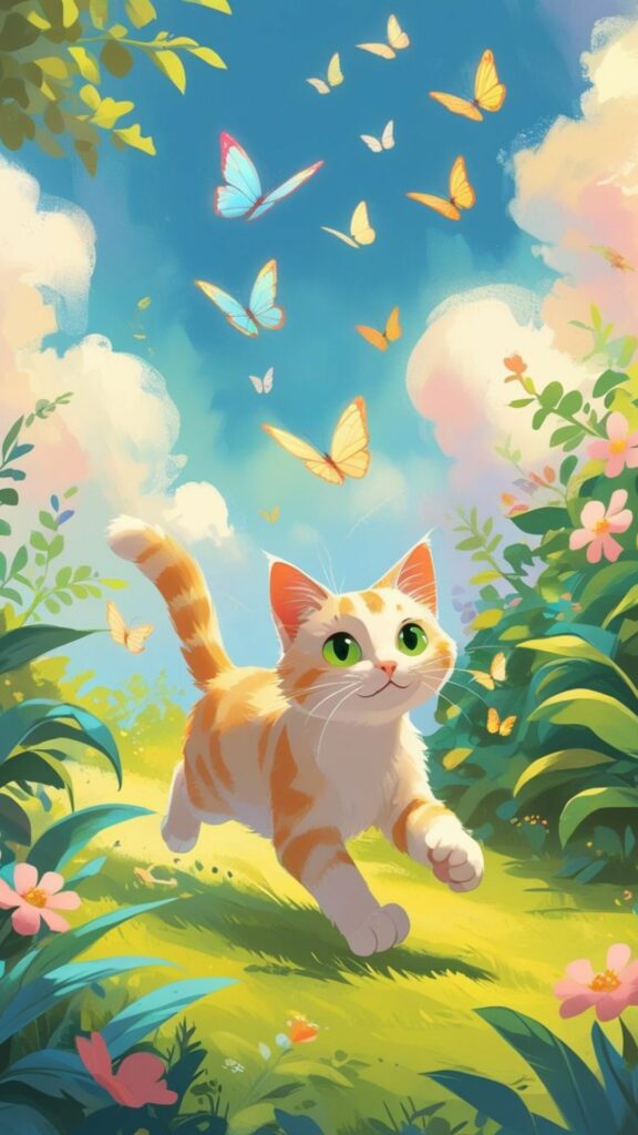 Mèo nhỏ chạy nhảy trong vườn hoa