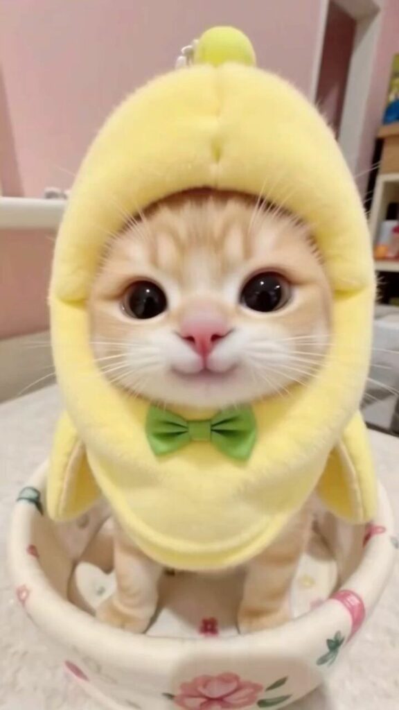 Mèo nhỏ mặc áo hình chuối vàng