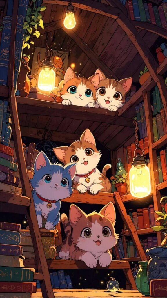 Đàn mèo chơi đùa trên kệ đồ gỗ