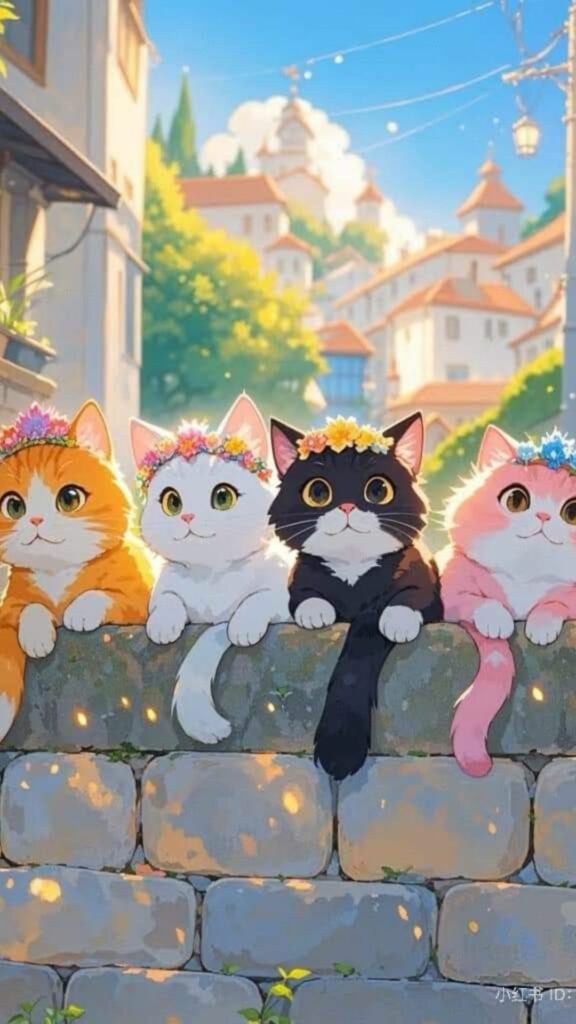 Hội mèo nhỏ ngồi trên bờ tường