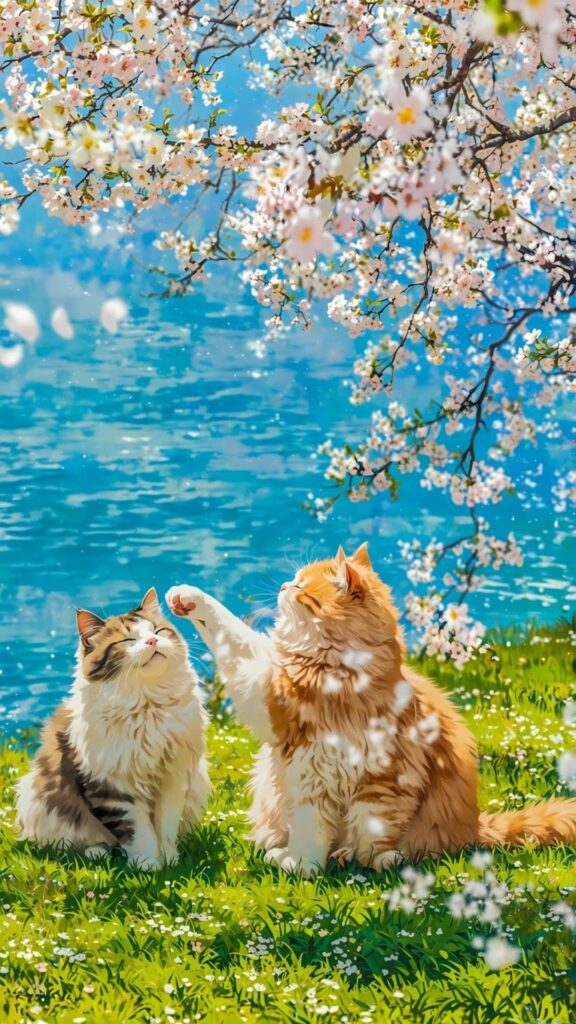 Đôi mèo chơi đùa dưới hoa rực rỡ