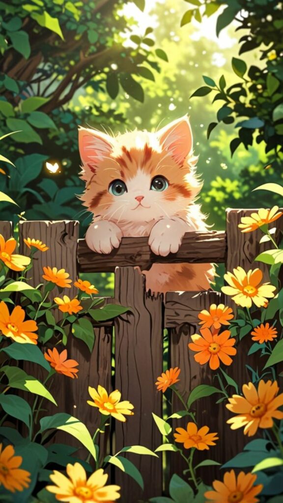 Mèo con lấp ló giữa bụi hoa vàng