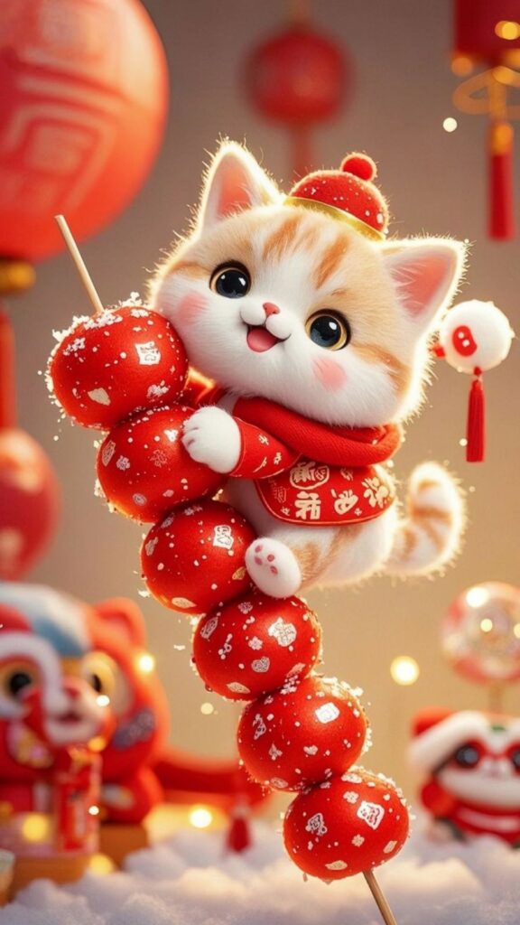 Mèo mừng năm mới cùng pháo đỏ