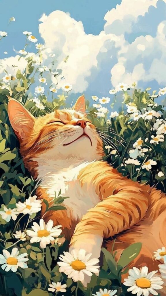 Mèo cam thư giãn giữa cánh đồng hoa