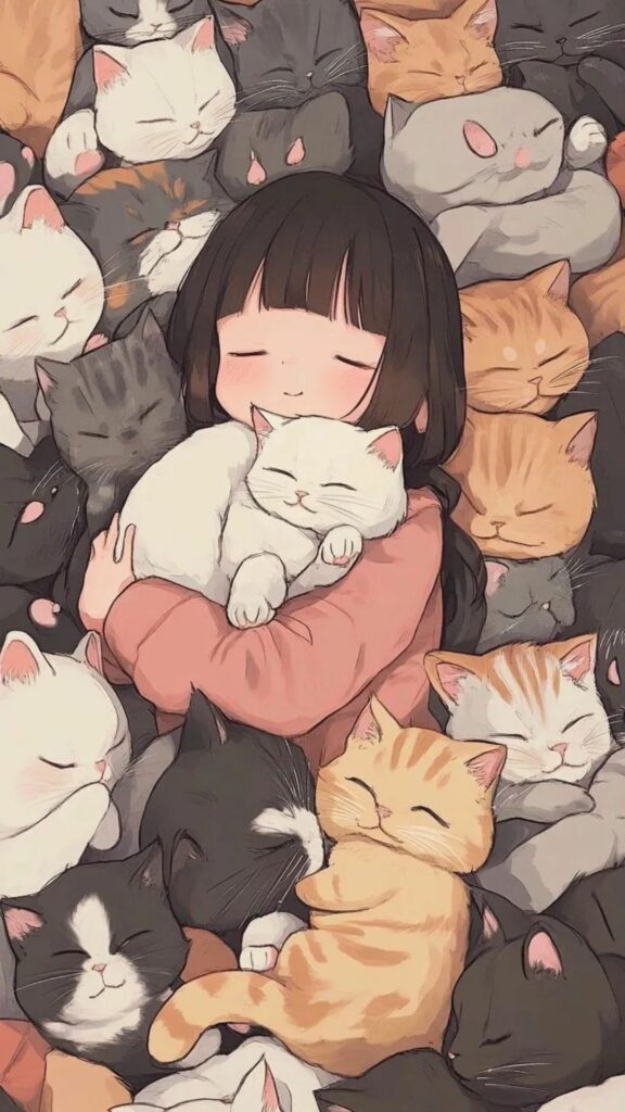 Cô gái ngủ giữa vòng vây mèo cưng