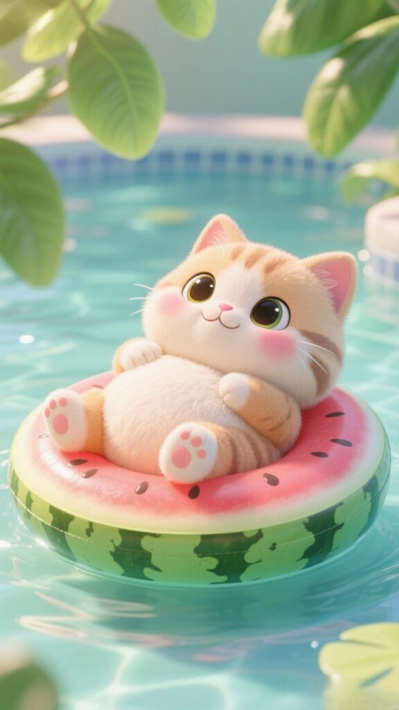 Mèo bơi dưa hấu giữa hồ bơi