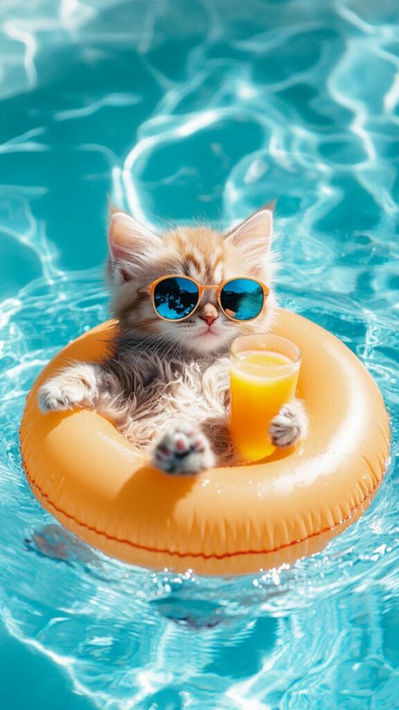Chú mèo bơi phao giữa làn nước mát
