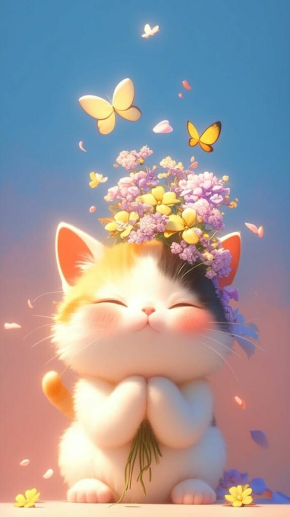 Mèo cầu nguyện bướm bay quanh đầu