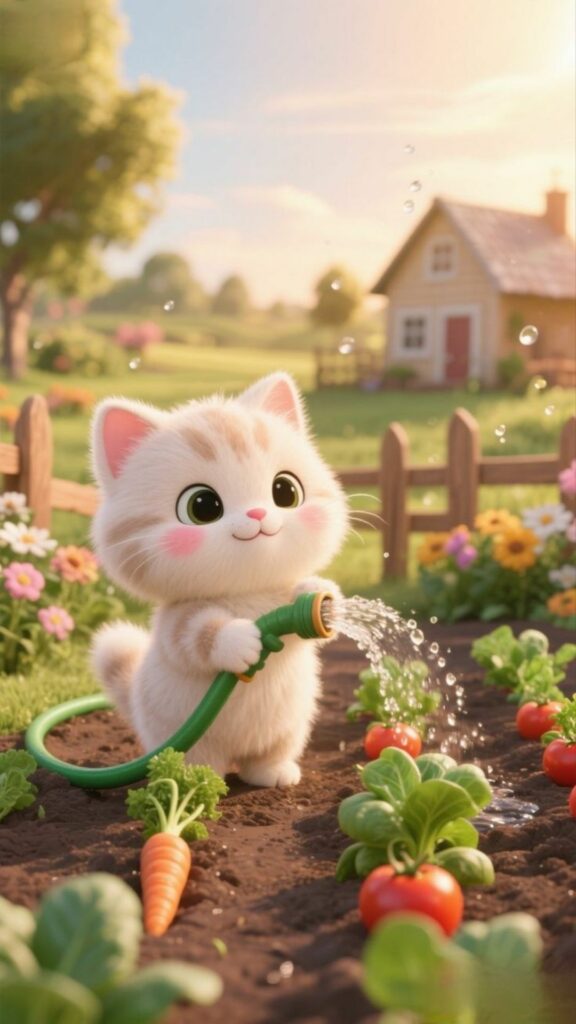 Mèo con tưới rau cực kỳ cute