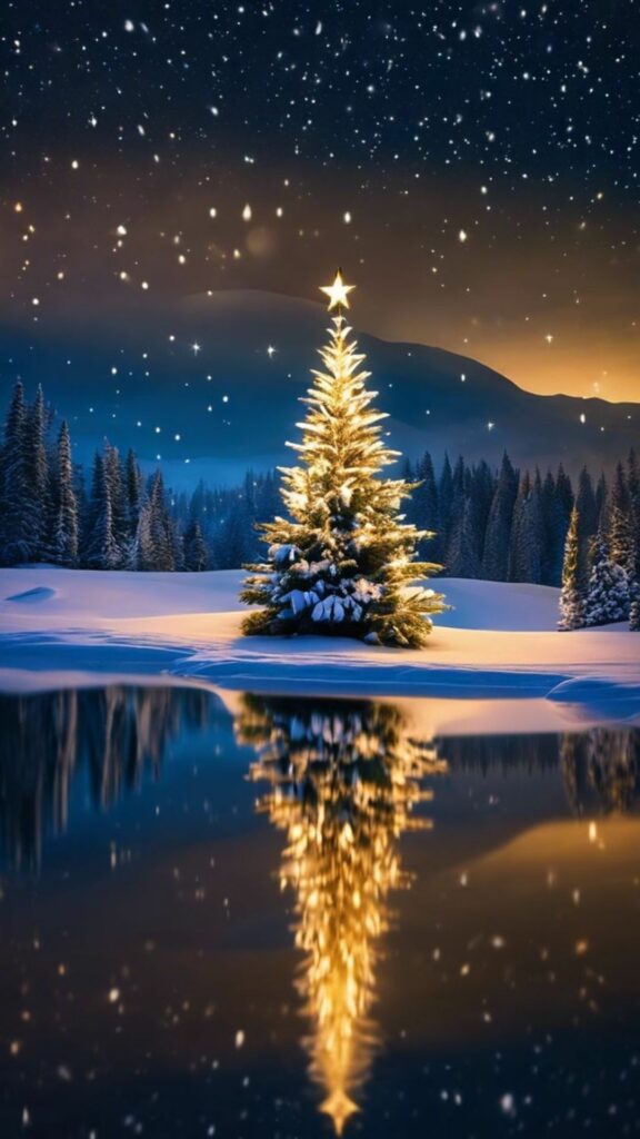 Cây thông Noel bên hồ nước