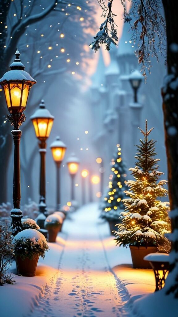 Con đường tuyết trắng và cây thông Noel 