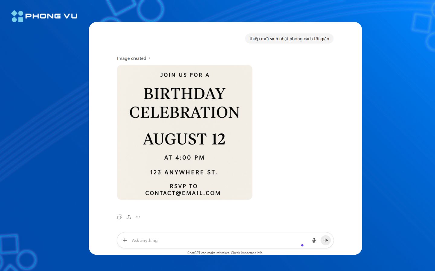 Hướng dẫn 7 cách dùng ChatGPT giúp bạn làm việc nhanh hơn 4 Tạo thiệp mời sinh nhật nhanh chóng bằng ChatGPT
