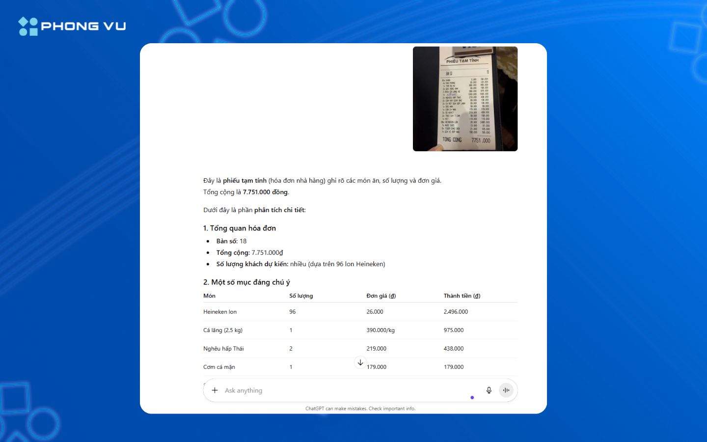 Hướng dẫn 7 cách dùng ChatGPT giúp bạn làm việc nhanh hơn 5 ChatGPT tổng hợp hóa đơn thông qua hình ảnh người dùng cung cấp