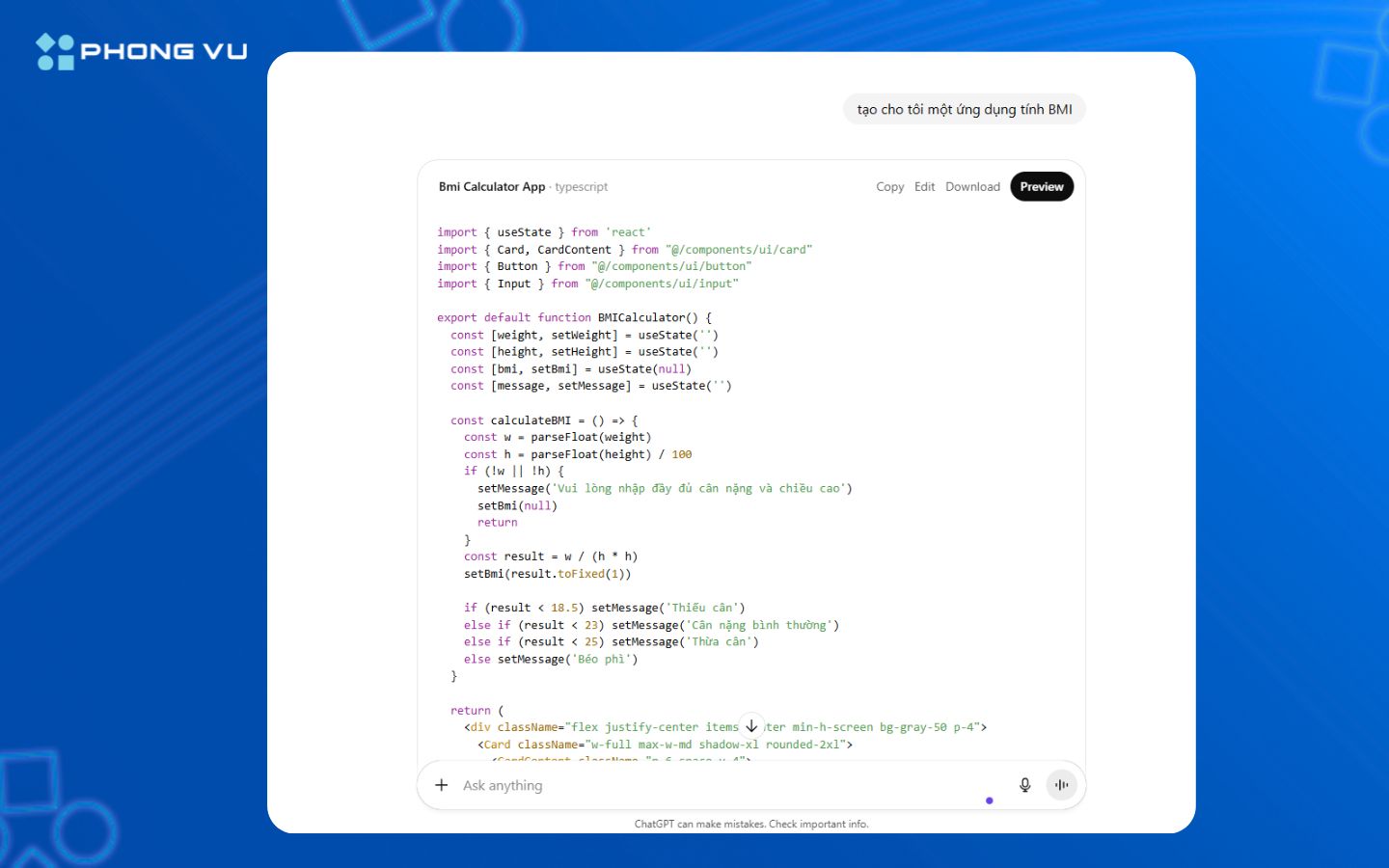 Hướng dẫn 7 cách dùng ChatGPT giúp bạn làm việc nhanh hơn 6 Tạo ứng dụng tính BMI bằng ChatGPT