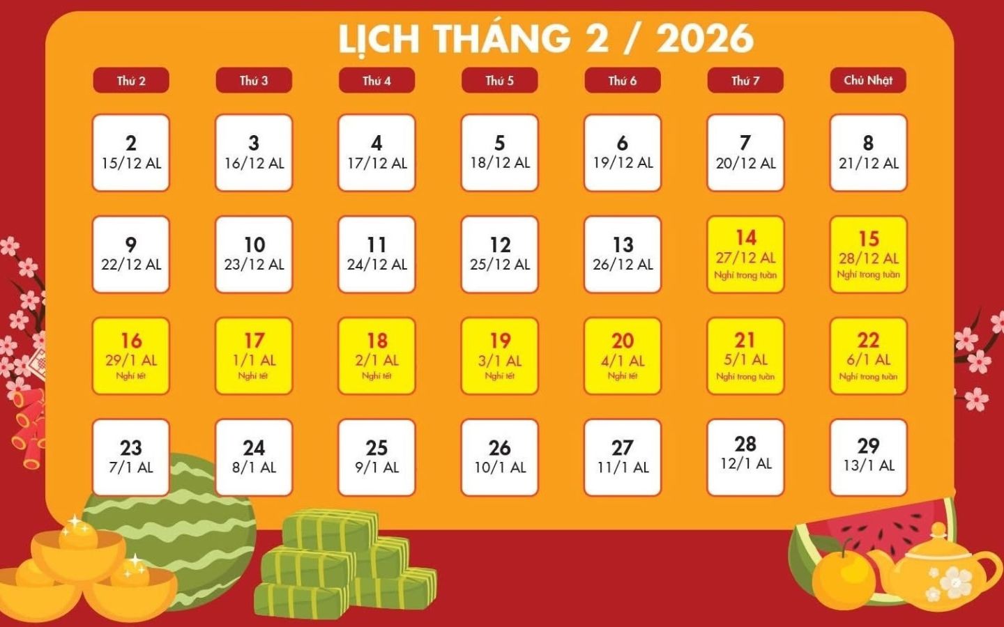 Mùng 1 Tết 2026 là ngày mấy dương lịch? Lịch nghỉ Tết Âm 2026 chi tiết 2 Tết Nguyên Đán 2026 là ngày 16/02 Dương lịch