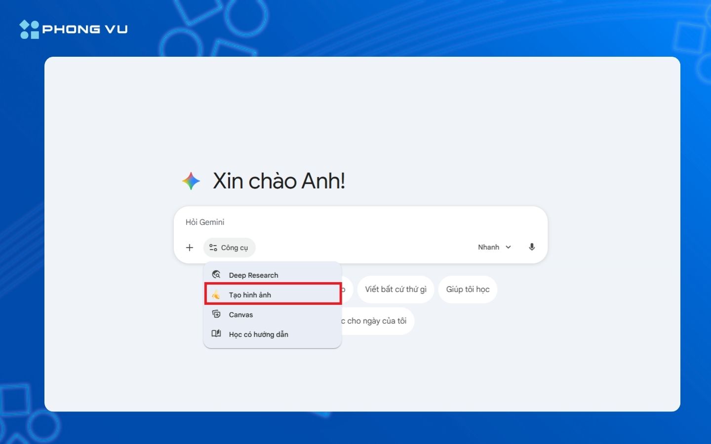 Prompt tạo ảnh tham quan thủy cung với Gemini AI 7 Chọn mục Tạo hình ảnh trong phần Công cụ