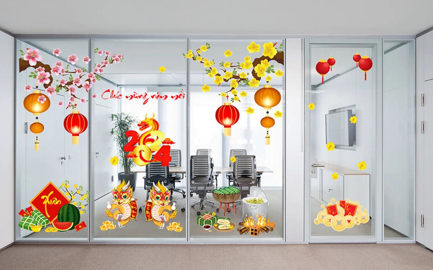 Hình dán Tết độc đáo cho văn phòng