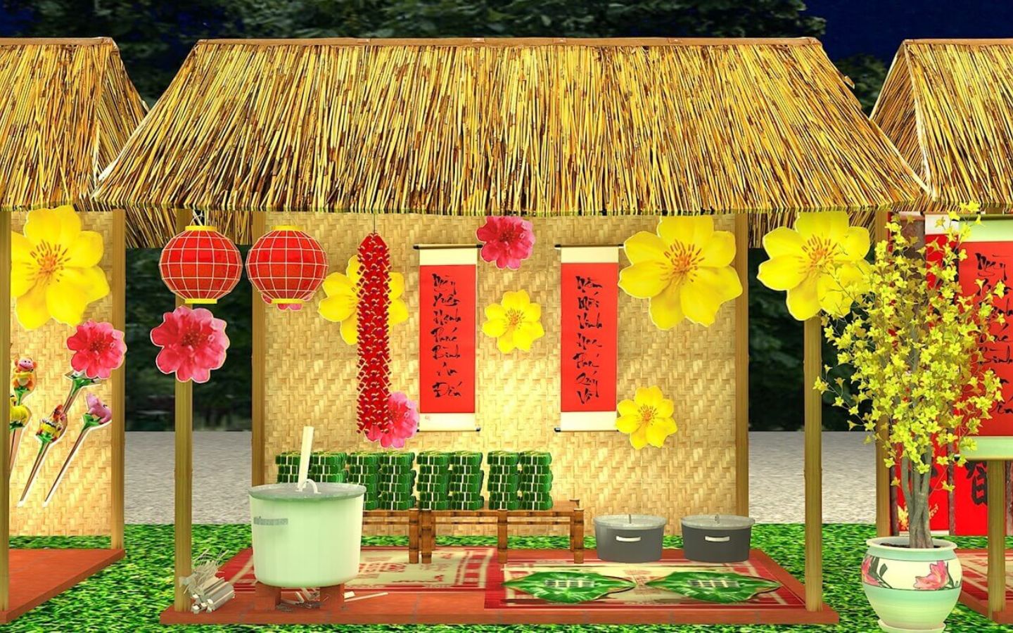 Mành tre kết hợp với câu đối đỏ