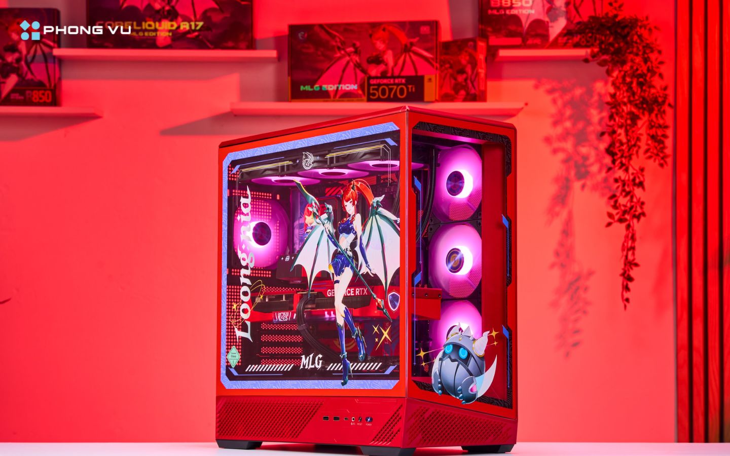 PC sở hữu thiết kế mid tower với tông màu đỏ làm chủ đạo dựa trên màu tóc nhân vật Nia