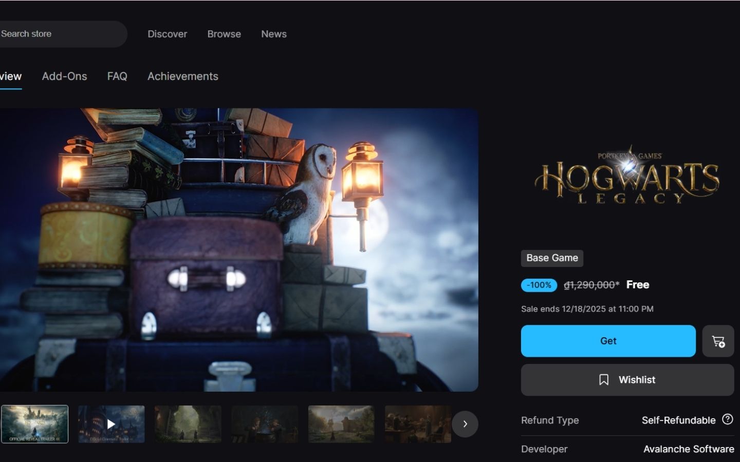 Epic Games Store tặng 17 game tháng 12/2025 bom tấn siêu hot, cập nhật liên tục 2 Hogwarts Legacy có giá khoảng 1,29 triệu đồng nay được tặng miễn phí trên Epic Games