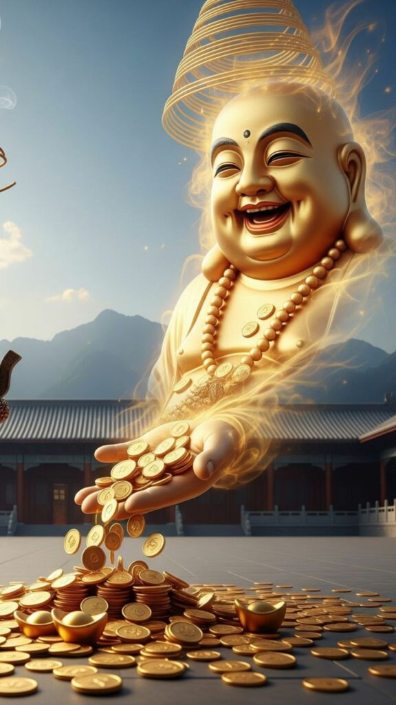 Biểu tượng Phật cười vàng kích hoạt may mắn Thổ