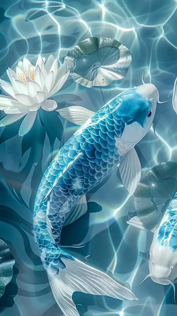 Cá chép xanh bơi lội giữa hồ sen