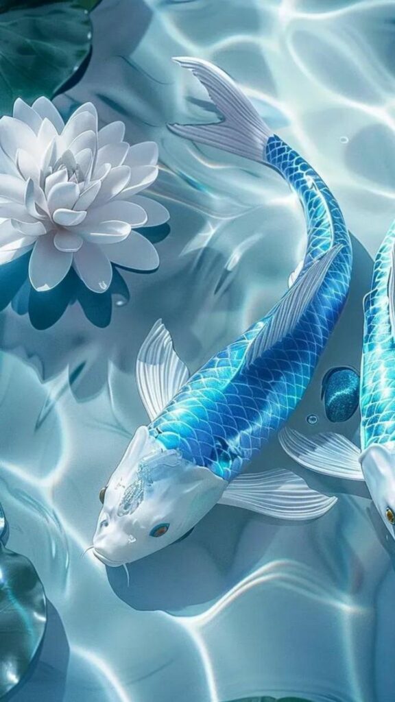 Đôi cá chép uốn lượn quanh hoa sen