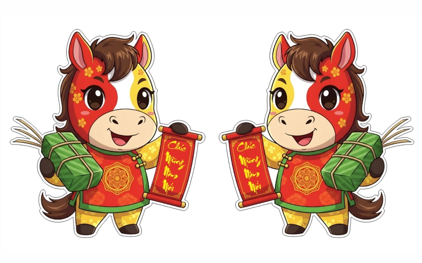 Cặp ngựa đáng yêu cầm câu đối đỏ chúc mừng năm mới