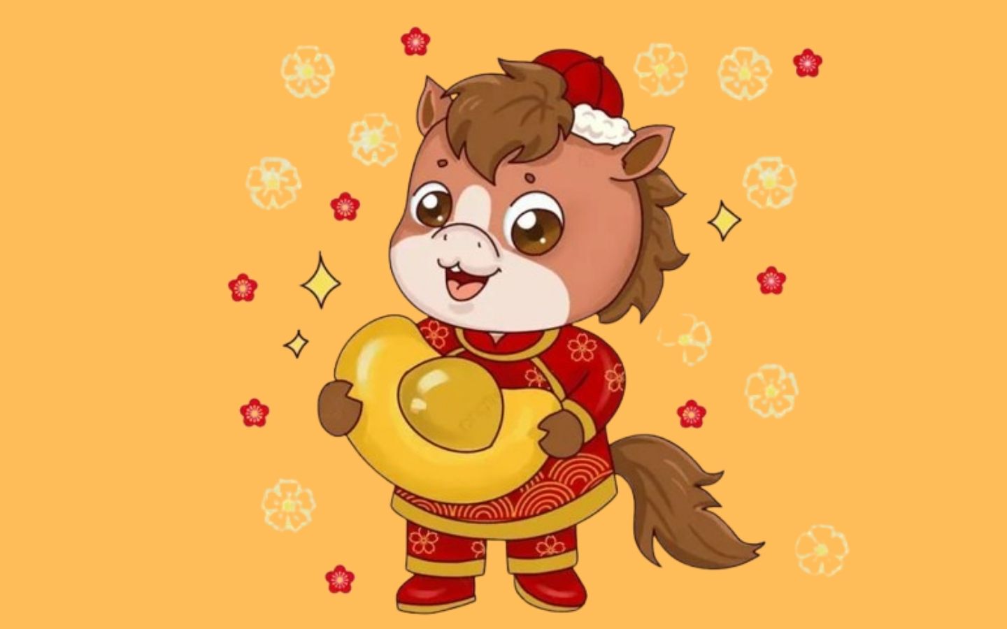 Chú ngựa dễ thương mặc áo Tết, ôm thỏi vàng may mắn