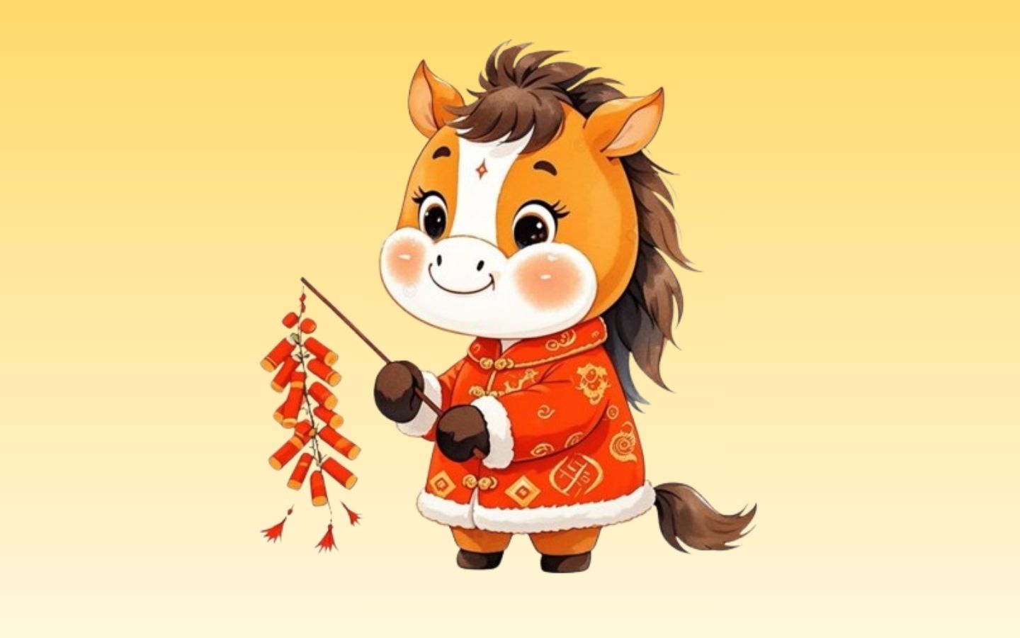Ngựa nhỏ trong trang phục đỏ, mang pháo hoa đón xuân