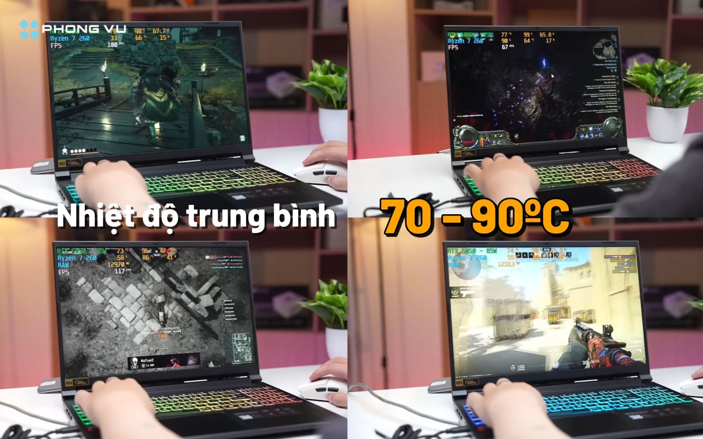 Trong thực tế chơi game, Laptop Acer Nitro V 16S AI ProPanel - ANV16S-41-R337 xử lý tốt với nhiệt độ chỉ từ 70 độ